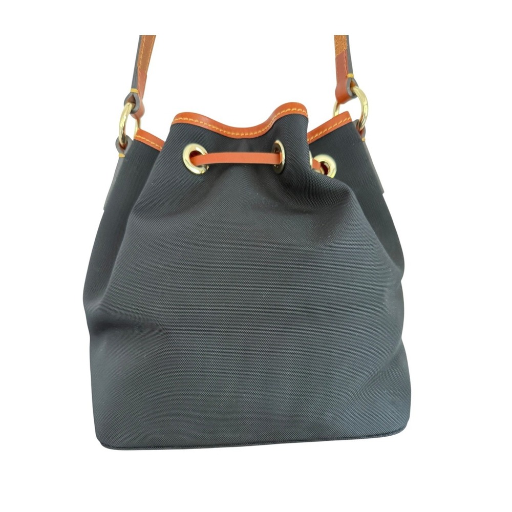 Dooney & Bourke Black Nylon Leather Trim Drawstring Bucket Bag Tassel EUC - Picture 2 of 13
